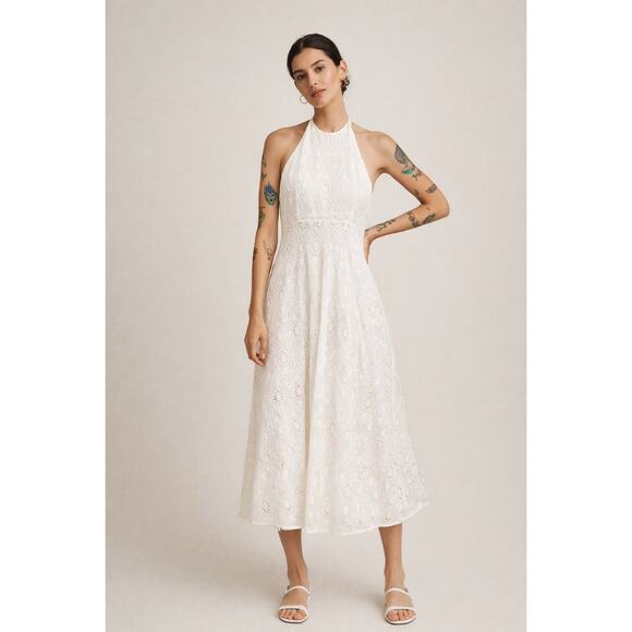 Zara Woman Dresses & Skirts - Zara Woman Lace Eyelet Halter Midi Dress White Sheer Boho Small Back Zip